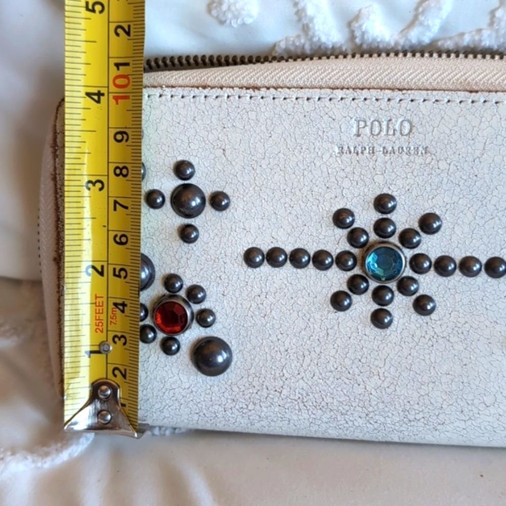 POLO Ralph Lauren Jewel/ Studded Ivory Distressed Zip Around Wallet NWOT - Picture 7 of 13
